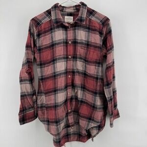 American Eagle Streetwear Grunge Flannel Shirt Pink Plaid Oversized Distressed S